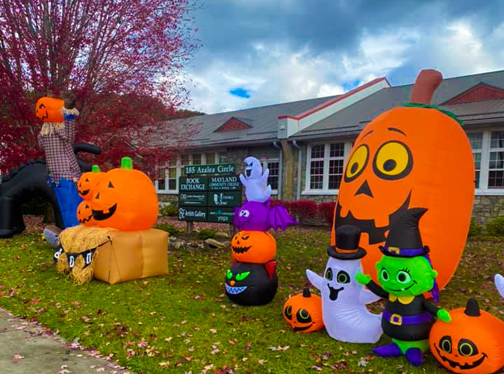 The lawn of Historic Banner Elk School is decorated with Halloween creatures for Banner Elk's Trunk or Treat.