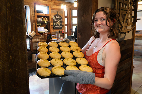 A tray of freshly baked savory meat pies at High Country Pie Company