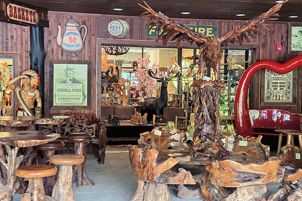 A sampling of the wood art furnishings at Mountain Emporium