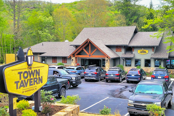 Rustic wood exterior of Town Tavern in Banner Elk in the NC High Country